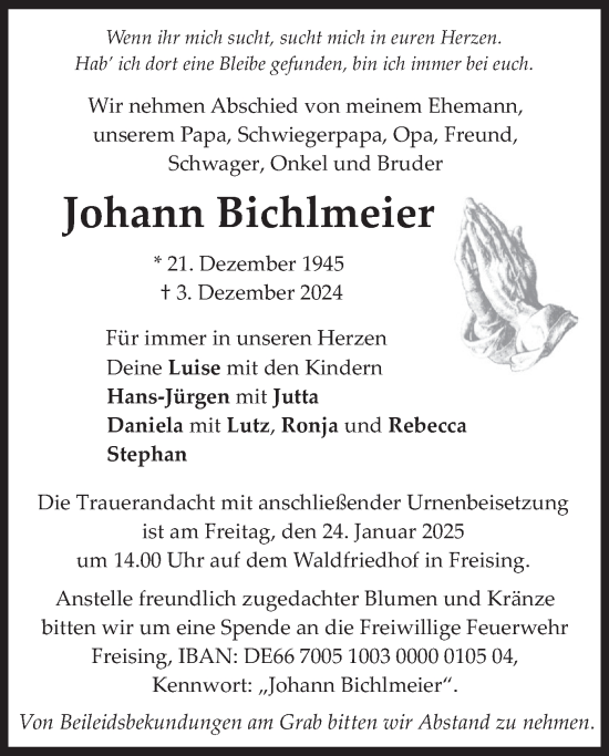 Todesanzeige von Johann Bichlmeier von merkurtz