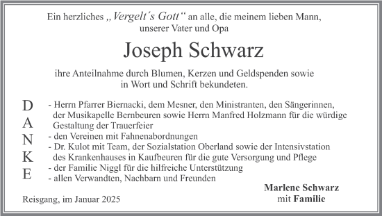 Todesanzeige von Joseph Schwarz von merkurtz