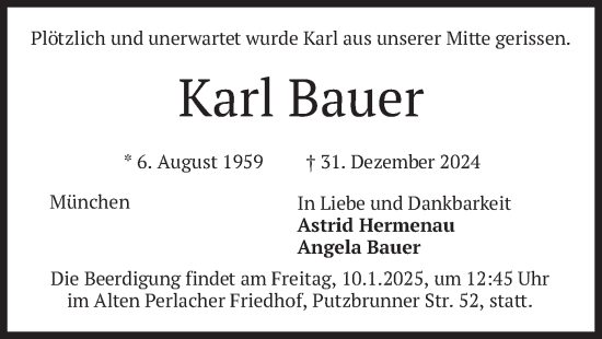 Todesanzeige von Karl Bauer von merkurtz