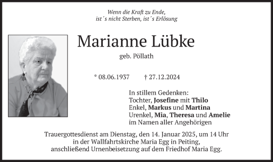 Todesanzeige von Marianne Lübke von merkurtz