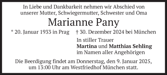 Todesanzeige von Marianne Pany von merkurtz
