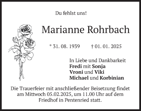 Todesanzeige von Marianne Rohrbach von merkurtz