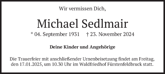 Todesanzeige von Michael Sedlmair von merkurtz