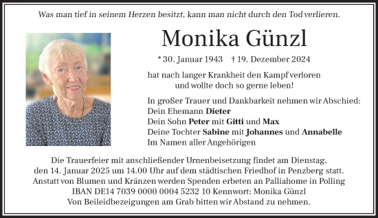 Todesanzeige von Monika Günzl von Das Gelbe Blatt Penzberg