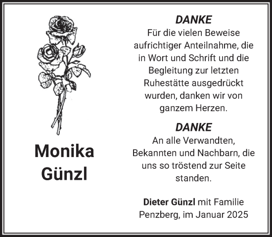 Todesanzeige von Monika Günzl von Das Gelbe Blatt Penzberg