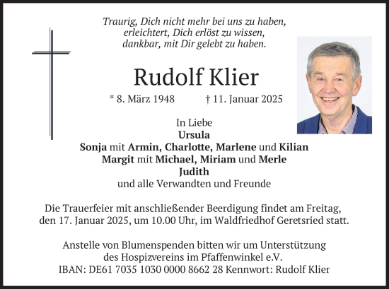 Todesanzeige von Rudolf Klier von merkurtz