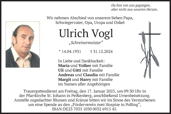 Todesanzeige von Ulrich Vogl von merkurtz