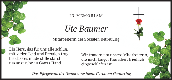 Todesanzeige von Ute Baumer von merkurtz