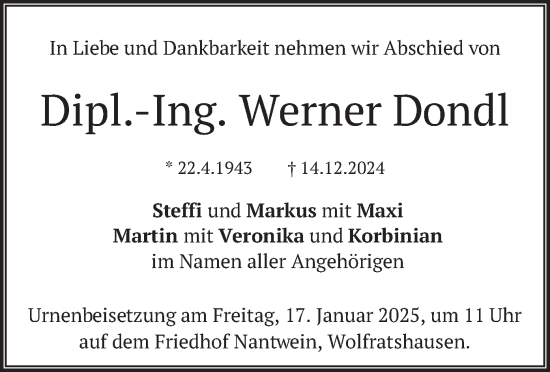 Todesanzeige von Werner Dondl von merkurtz
