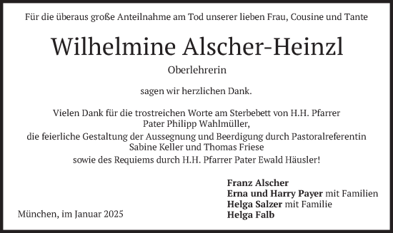 Todesanzeige von Wilhelmine Alscher-Heinzl von merkurtz