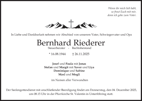 Todesanzeige von Bernhard Riederer von merkurtz