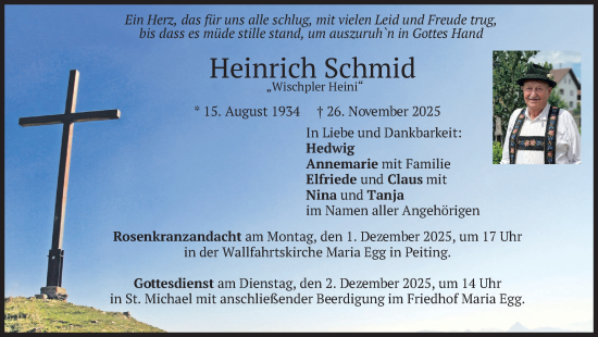 Todesanzeige von Heinrich Schmid von merkurtz