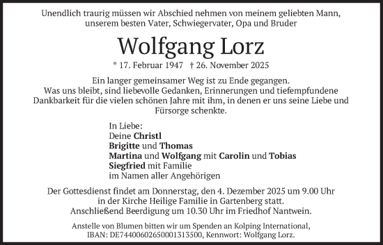 Todesanzeige von Wolfgang Lorz von merkurtz