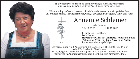 Todesanzeige von Annemie Schlemer von merkurtz