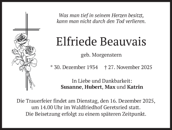 Todesanzeige von Elfriede Beauvais von merkurtz