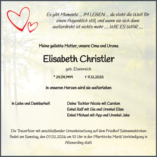 Todesanzeige von Elisabeth Christler von merkurtz