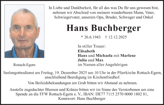 Todesanzeige von Hans Buchberger von merkurtz