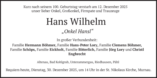 Todesanzeige von Hans Wilhelm von merkurtz