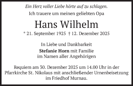 Todesanzeige von Hans Wilhelm von merkurtz