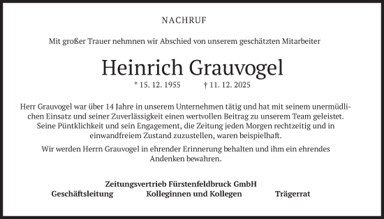 Todesanzeige von Heinrich Grauvogel von merkurtz