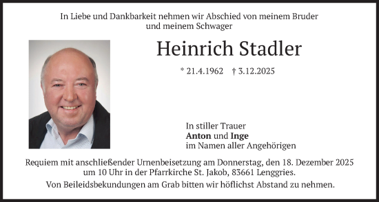 Todesanzeige von Heinrich Stadler von merkurtz