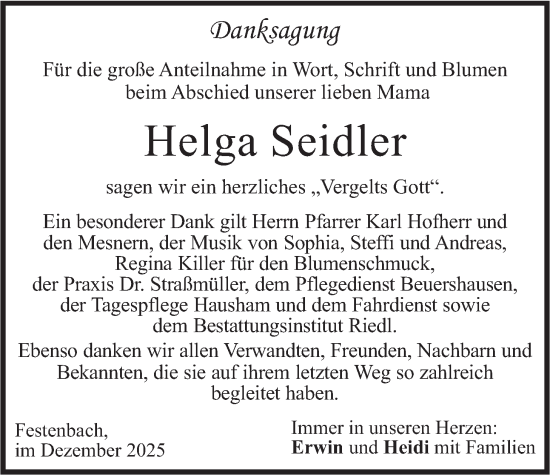 Todesanzeige von Helga Seidler von merkurtz