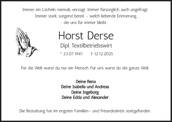 Todesanzeige von Horst Derse von merkurtz