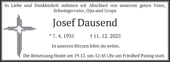 Todesanzeige von Josef Dausend von merkurtz