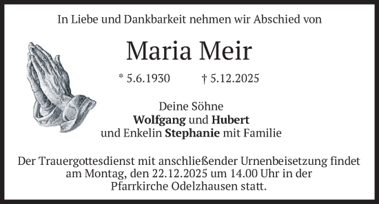Todesanzeige von Maria Meir von merkurtz