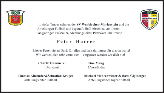 Todesanzeige von Peter Harrer von merkurtz