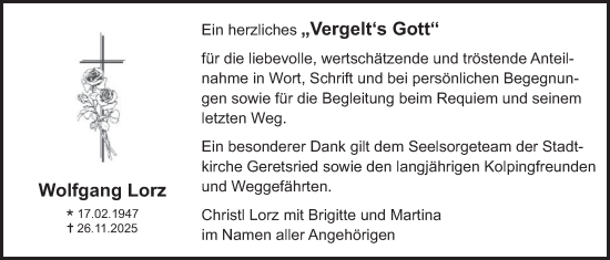 Todesanzeige von Wolfgang Lorz von merkurtz