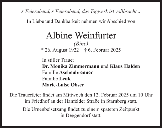 Todesanzeige von Albine Weinfurter von merkurtz