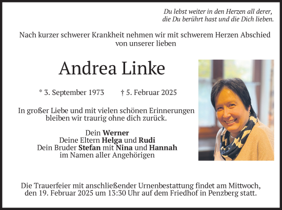 Todesanzeige von Andrea Linke von merkurtz