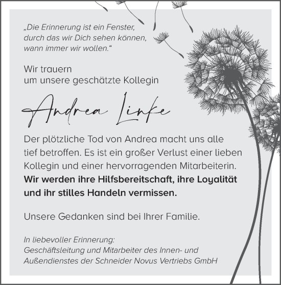 Todesanzeige von Andrea Linke von merkurtz
