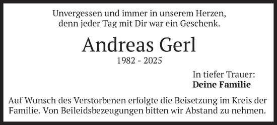 Todesanzeige von Andreas Gerl von merkurtz