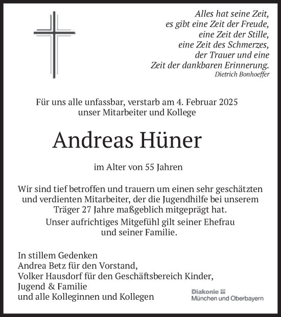 Todesanzeige von Andreas Hüner von merkurtz