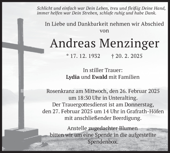 Todesanzeige von Andreas Menzinger von merkurtz