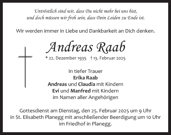 Todesanzeige von Andreas Raab von merkurtz