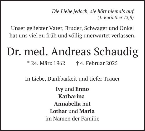 Todesanzeige von Andreas Schaudig von merkurtz