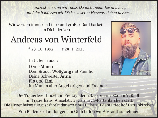 Todesanzeige von Andreas von Winterfeld von merkurtz