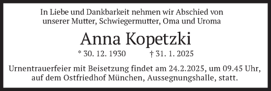 Todesanzeige von Anna Kopetzki von merkurtz