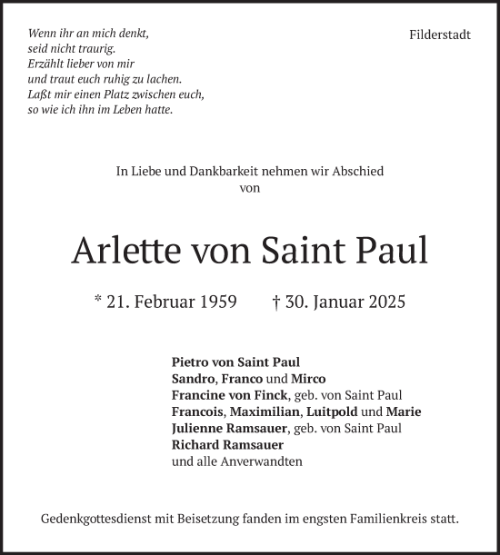Todesanzeige von Arlette von Saint Paul von merkurtz