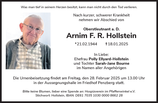 Todesanzeige von Arnim F. R. Hollstein von Das Gelbe Blatt Penzberg