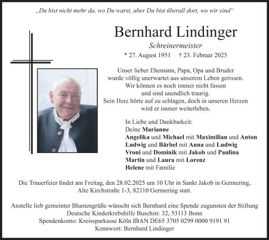 Todesanzeige von Bernhard Lindinger von merkurtz