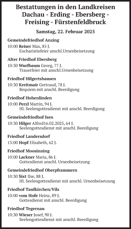 Todesanzeige von Bestattungen vom 22.02.2025 von merkurtz