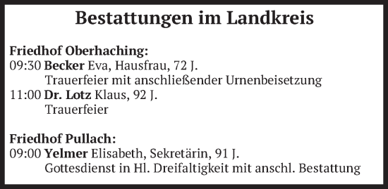 Todesanzeige von Bestattungen vom 26.02.2025 von merkurtz