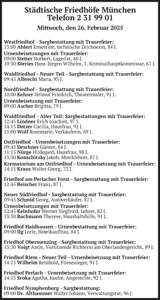 Todesanzeige von Bestattungen vom 26.02.2025 von merkurtz