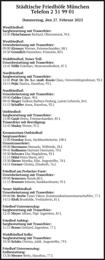 Todesanzeige von Bestattungen vom 27.02.2025 von merkurtz