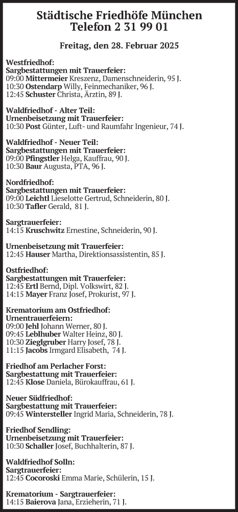 Todesanzeige von Bestattungen vom 28.02.2025 von merkurtz