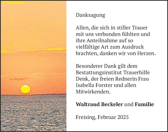 Todesanzeige von Danksagung Beckeler von merkurtz
